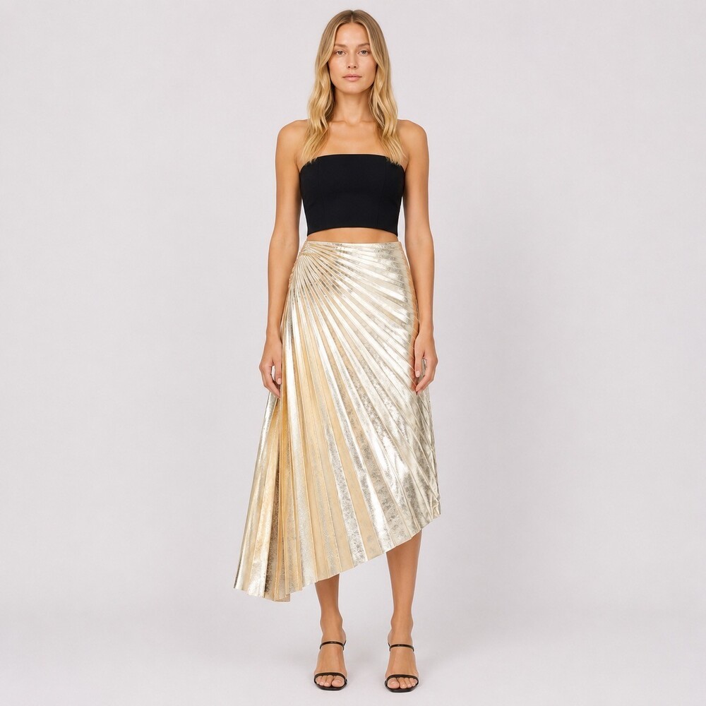 A.L.C. Gold Tracy Asymmetric Pleated Vegan Leather Skirt Size 12 - Picture 2 of 6